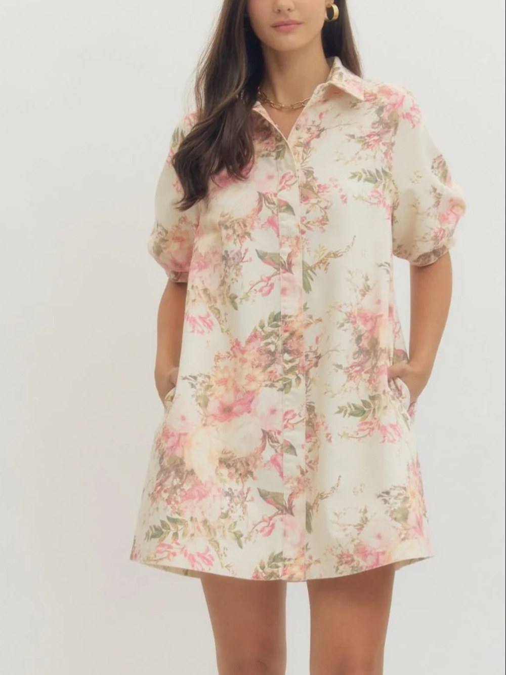 New Boho Cottagecore Cream & Pink Floral Puff Sleeve Denim Dress